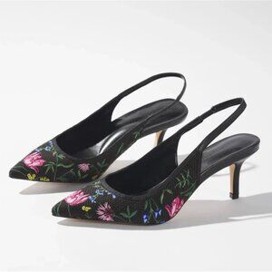 WHBM Floral Embroidered Slingback Heels in Black Floral Size 9.5